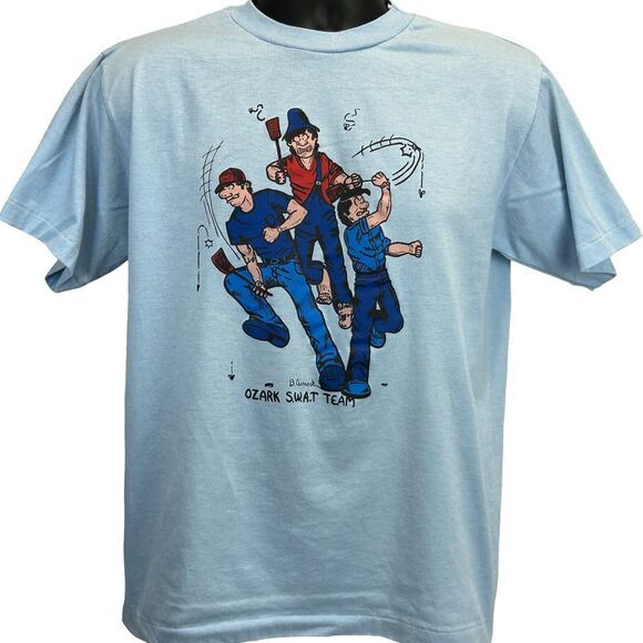 Vintage Ozark SWAT Team T Shirt Mens Large Missouri Flies Fly Swatter Funny Blue - Picture 2 of 7